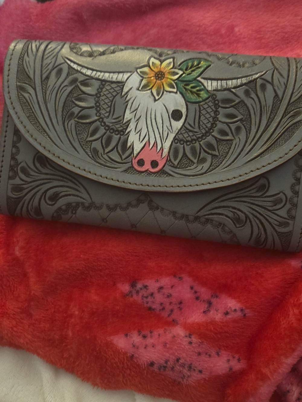 Women’s Tooled Real Leather, Floral Bull Embossed Gray Wallet/Clutch NWOT.